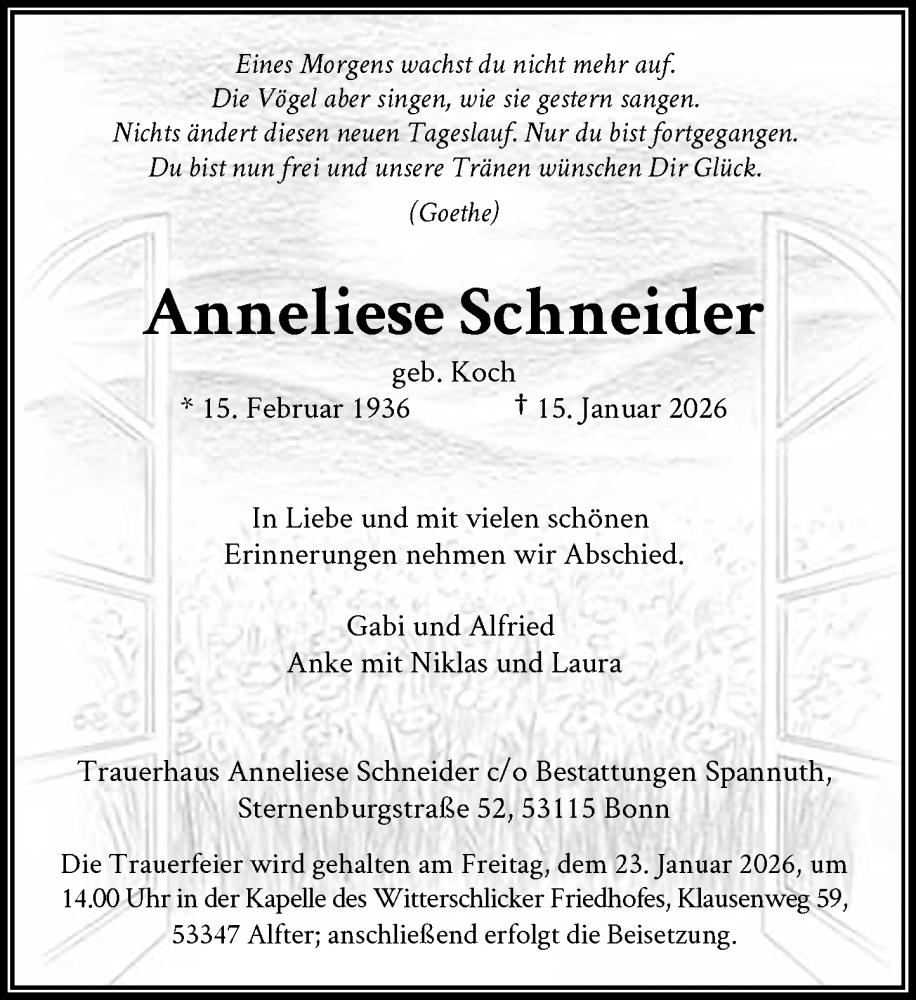  Traueranzeige für Anneliese Schneider vom 21.01.2026 aus General-Anzeiger Bonn