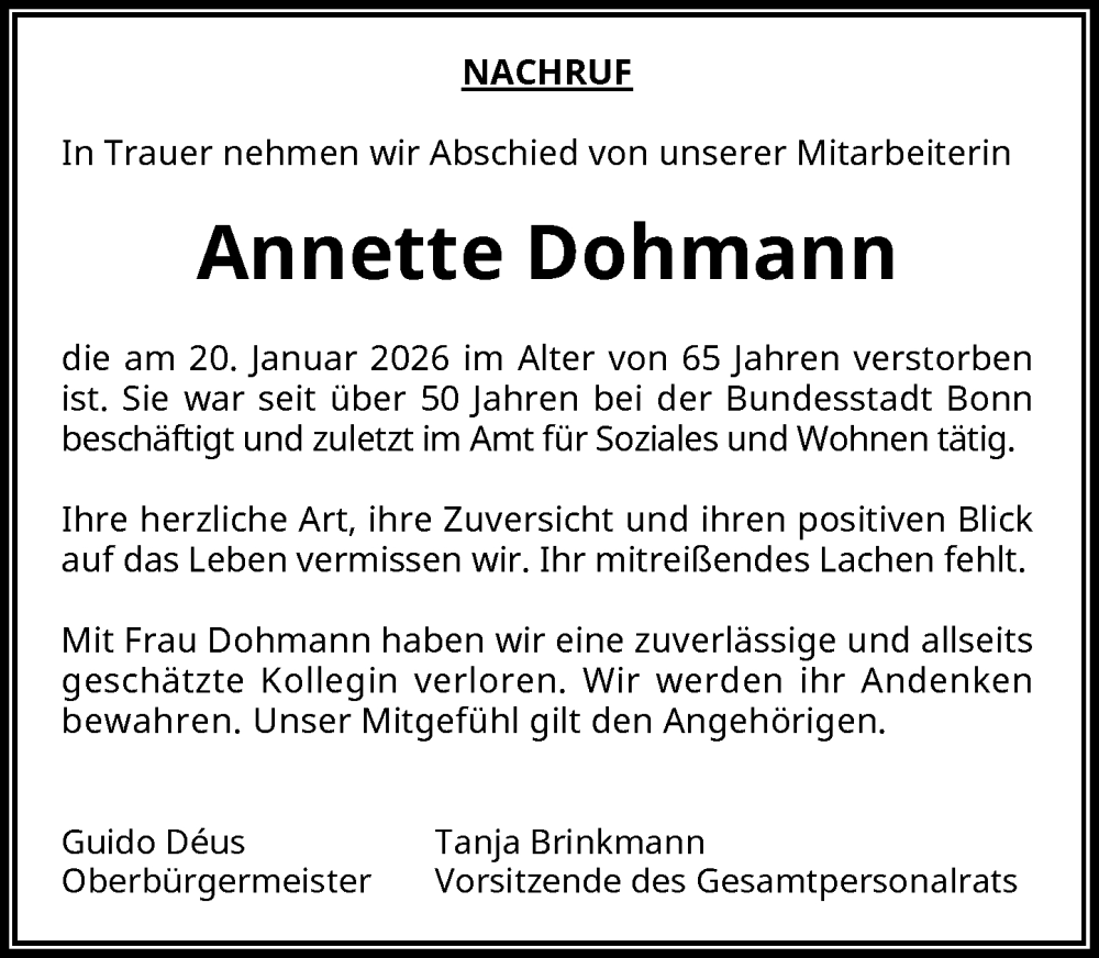  Traueranzeige für Annette Dohmann vom 31.01.2026 aus General-Anzeiger Bonn