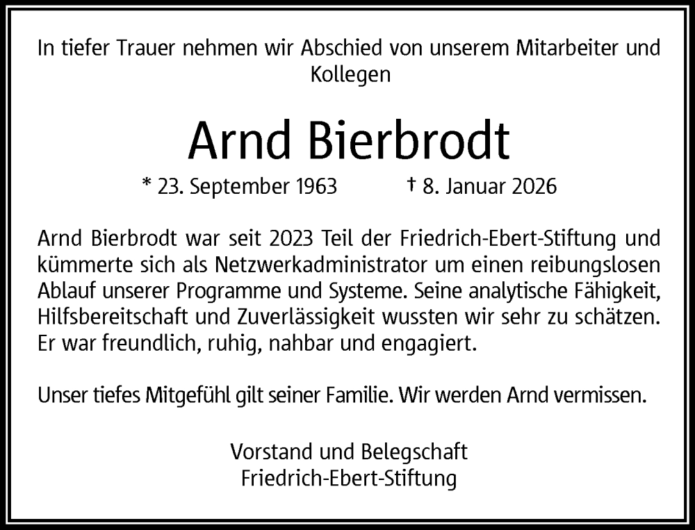  Traueranzeige für Arnd Bierbrodt vom 17.01.2026 aus General-Anzeiger Bonn