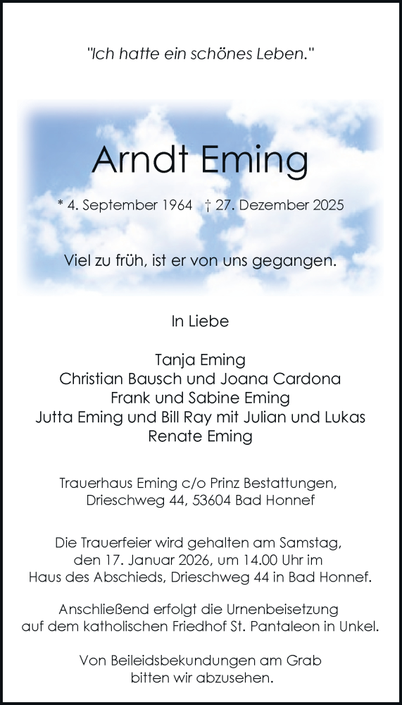  Traueranzeige für Arndt Eming vom 10.01.2026 aus General-Anzeiger Bonn