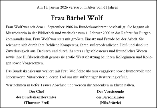 Anzeige von Bärbel Wolf von General-Anzeiger Bonn