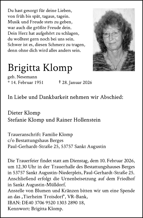 Anzeige von Brigitta Klomp von General-Anzeiger Bonn