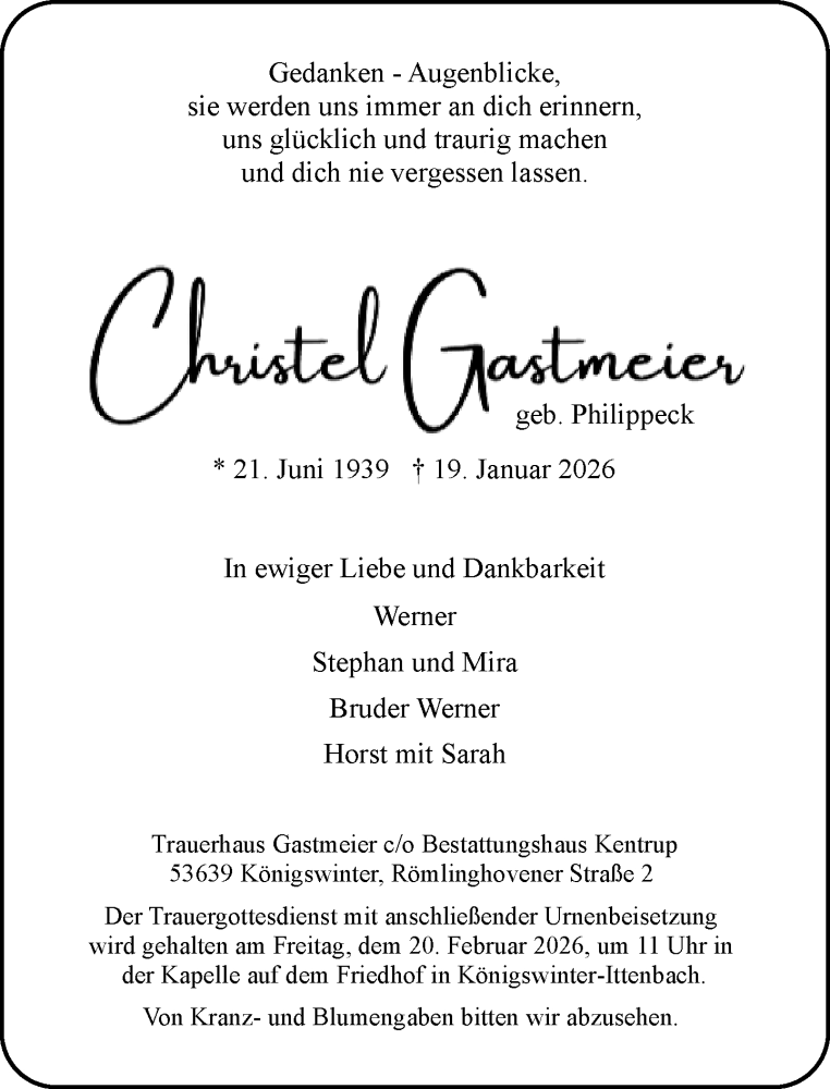  Traueranzeige für Christel Gastmeier vom 24.01.2026 aus General-Anzeiger Bonn