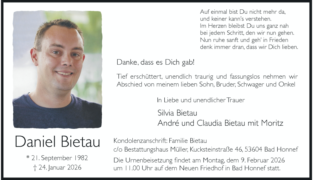  Traueranzeige für Daniel Bietau vom 31.01.2026 aus General-Anzeiger Bonn