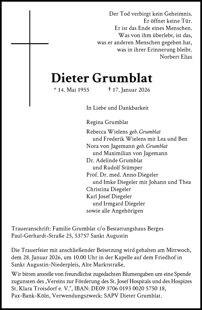  Traueranzeige für Dieter Grumblat vom 24.01.2026 aus General-Anzeiger Bonn