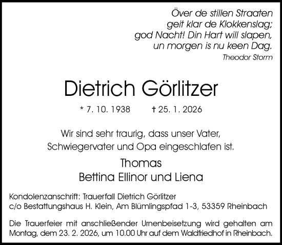 Anzeige von Dietrich Görlitzer von General-Anzeiger Bonn