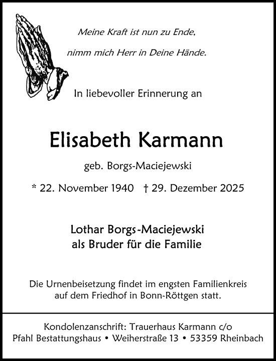 Anzeige von Elisabeth Karmann von General-Anzeiger Bonn