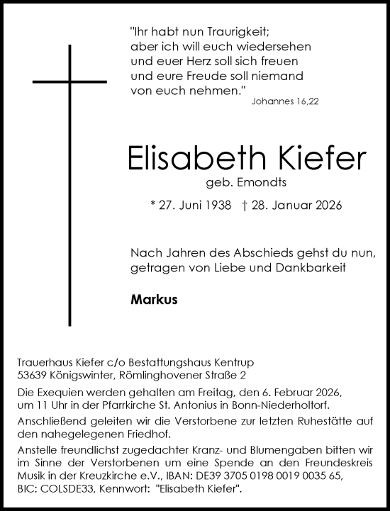 Anzeige von Elisabeth Kiefer von General-Anzeiger Bonn
