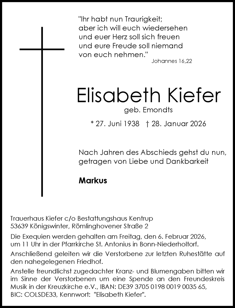  Traueranzeige für Elisabeth Kiefer vom 31.01.2026 aus General-Anzeiger Bonn