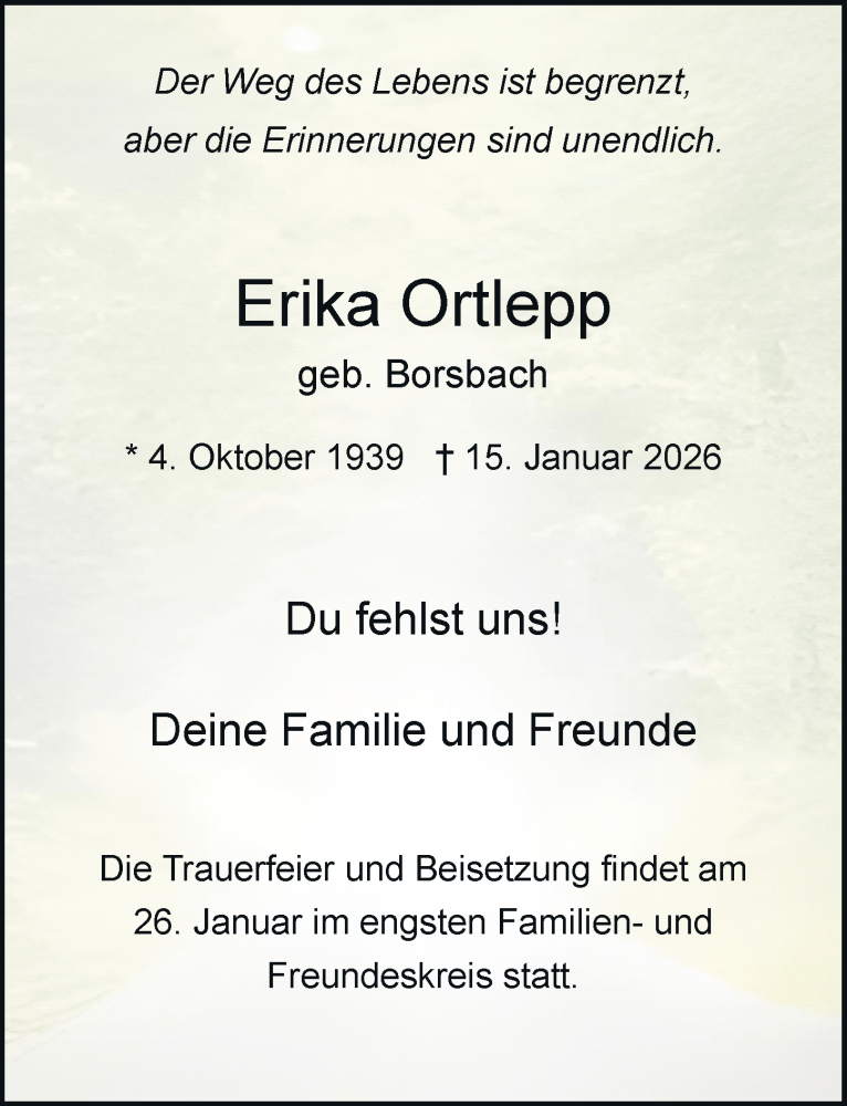  Traueranzeige für Erika Ortlepp vom 23.01.2026 aus General-Anzeiger Bonn