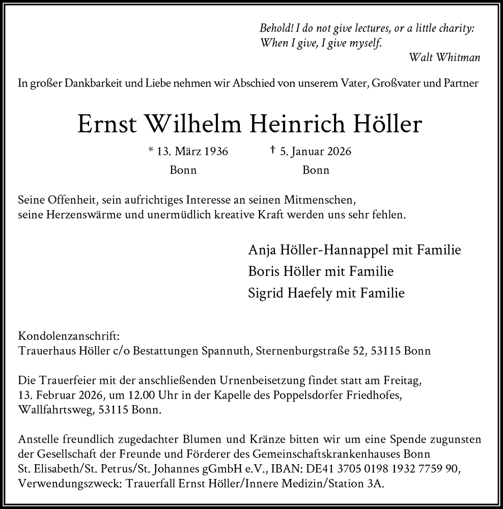  Traueranzeige für Ernst Wilhelm Heinrich Höller vom 31.01.2026 aus General-Anzeiger Bonn
