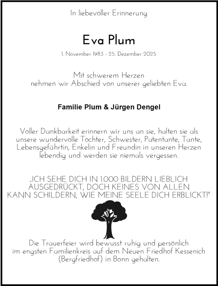  Traueranzeige für Eva Plum vom 17.01.2026 aus 