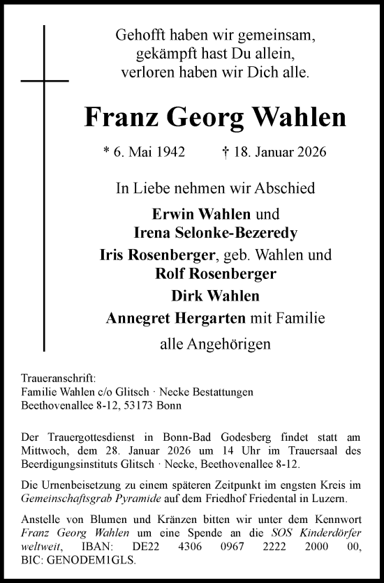 Anzeige von Franz Georg Wahlen von General-Anzeiger Bonn