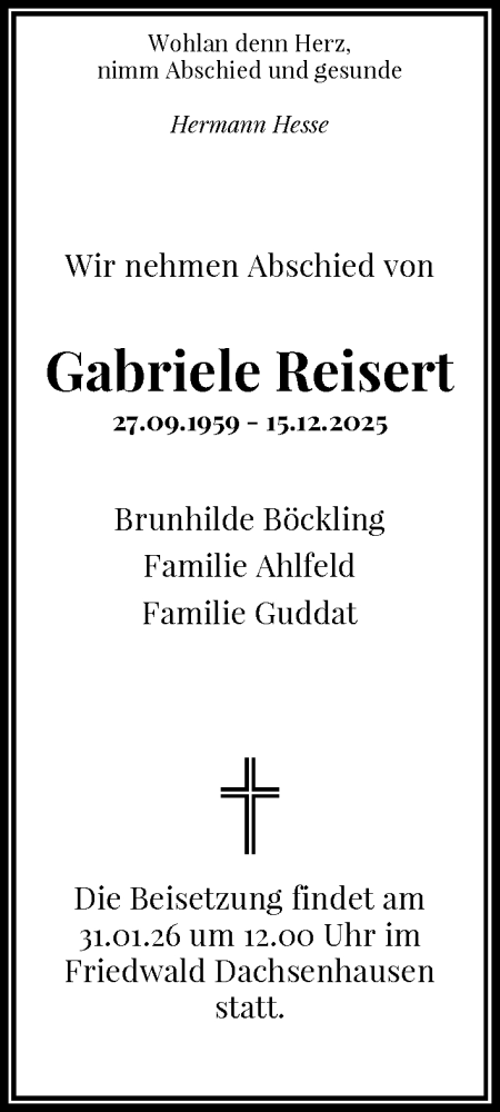  Traueranzeige für Gabriele Reisert vom 27.01.2026 aus General-Anzeiger Bonn