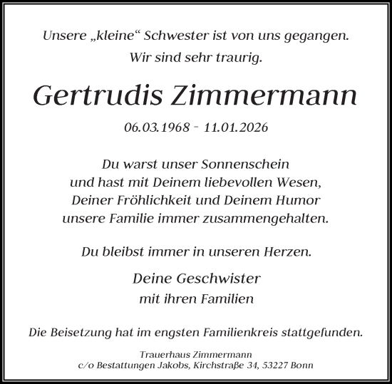 Anzeige von Gertrudis Zimmermann von General-Anzeiger Bonn