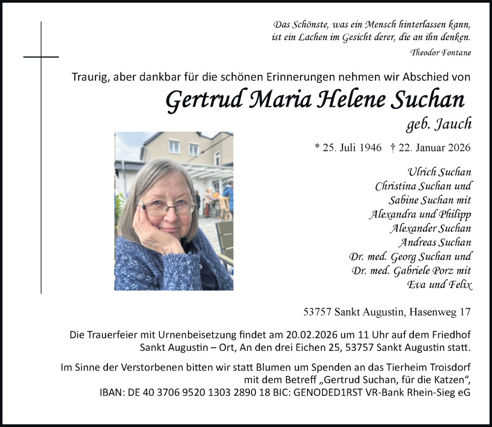  Traueranzeige für Gertrud Maria Helene Suchan vom 31.01.2026 aus General-Anzeiger Bonn