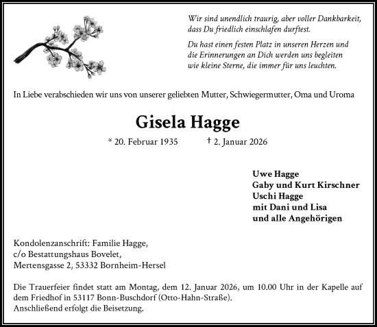 Anzeige von Gisela Hagge von General-Anzeiger Bonn