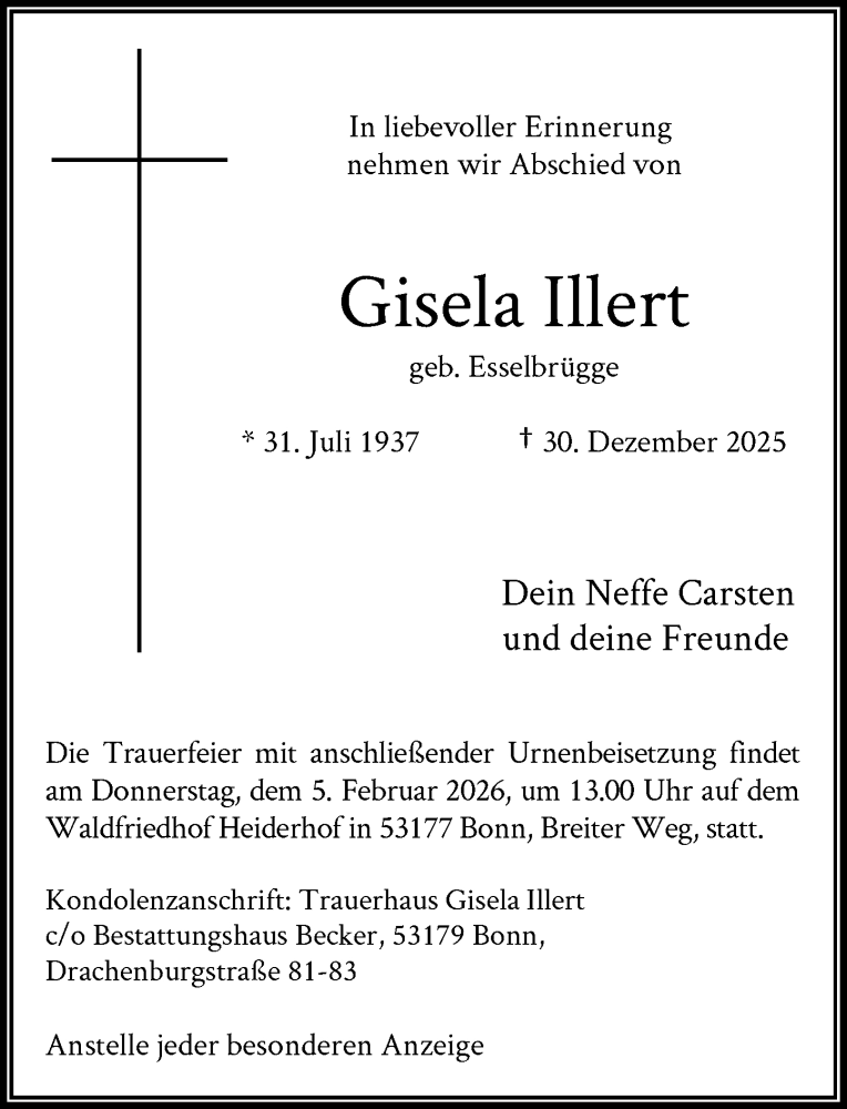  Traueranzeige für Gisela Illert vom 24.01.2026 aus General-Anzeiger Bonn