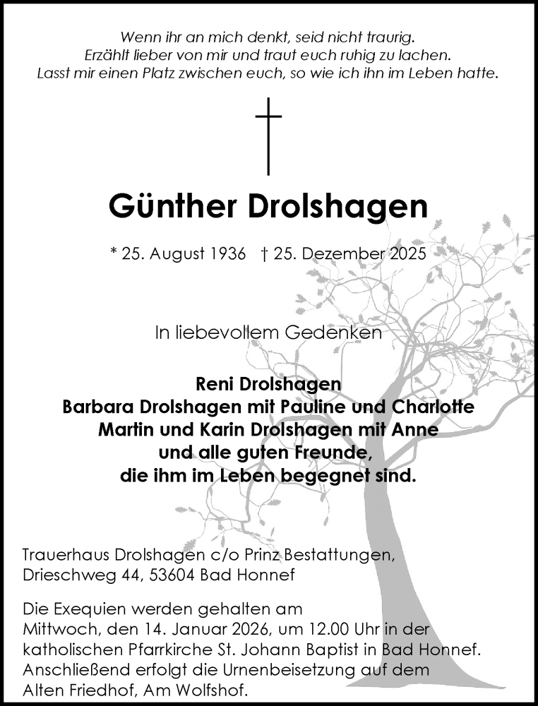  Traueranzeige für Günther Drolshagen vom 10.01.2026 aus General-Anzeiger Bonn