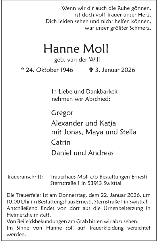 Anzeige von Hanne Moll von General-Anzeiger Bonn