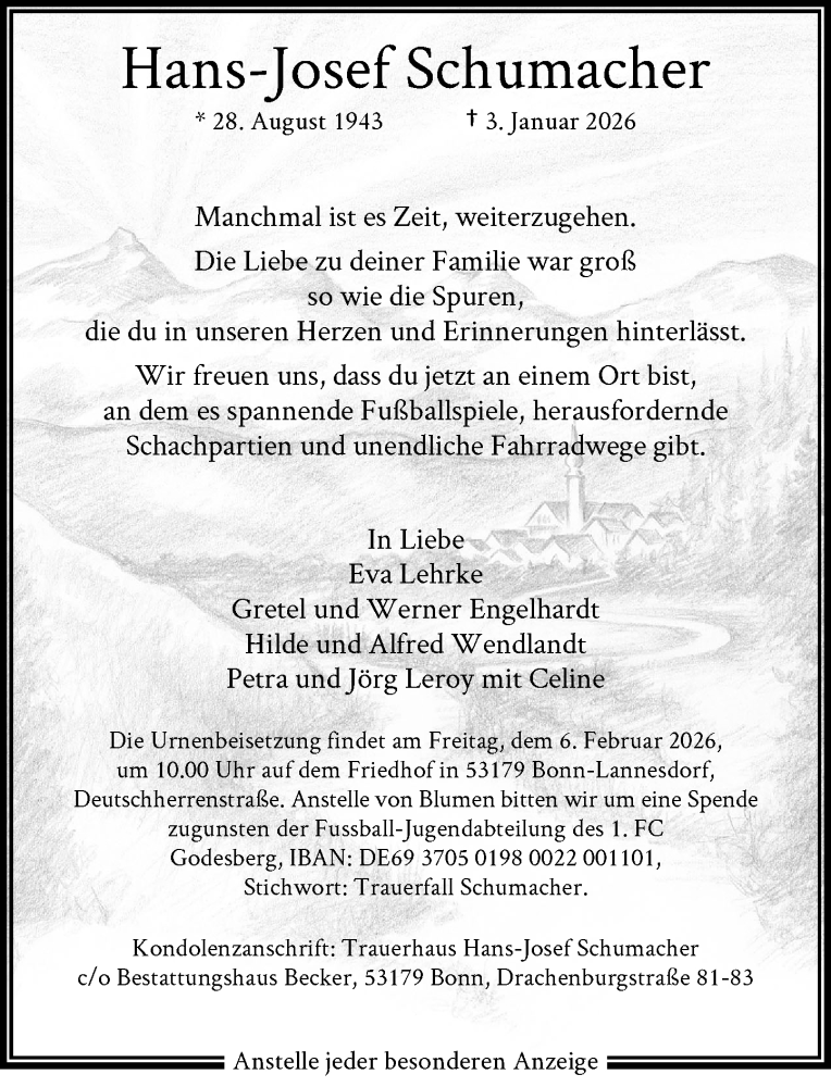  Traueranzeige für Hans-Josef Schumacher vom 10.01.2026 aus General-Anzeiger Bonn