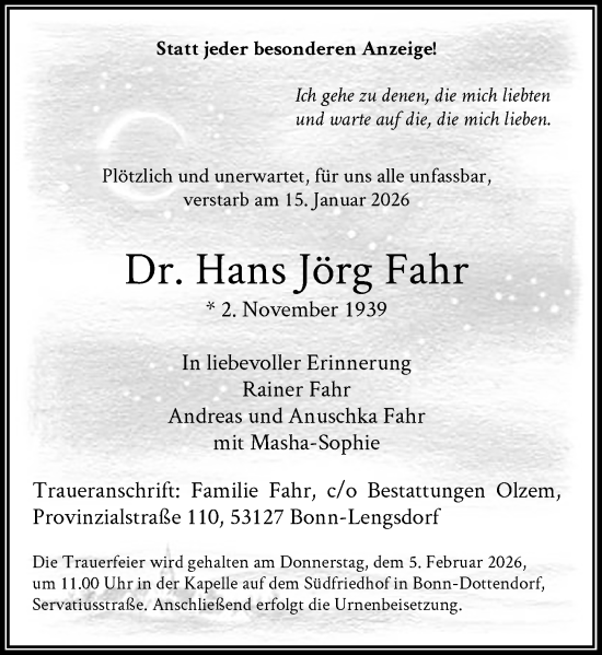 Anzeige von Hans Jörg Fahr von General-Anzeiger Bonn