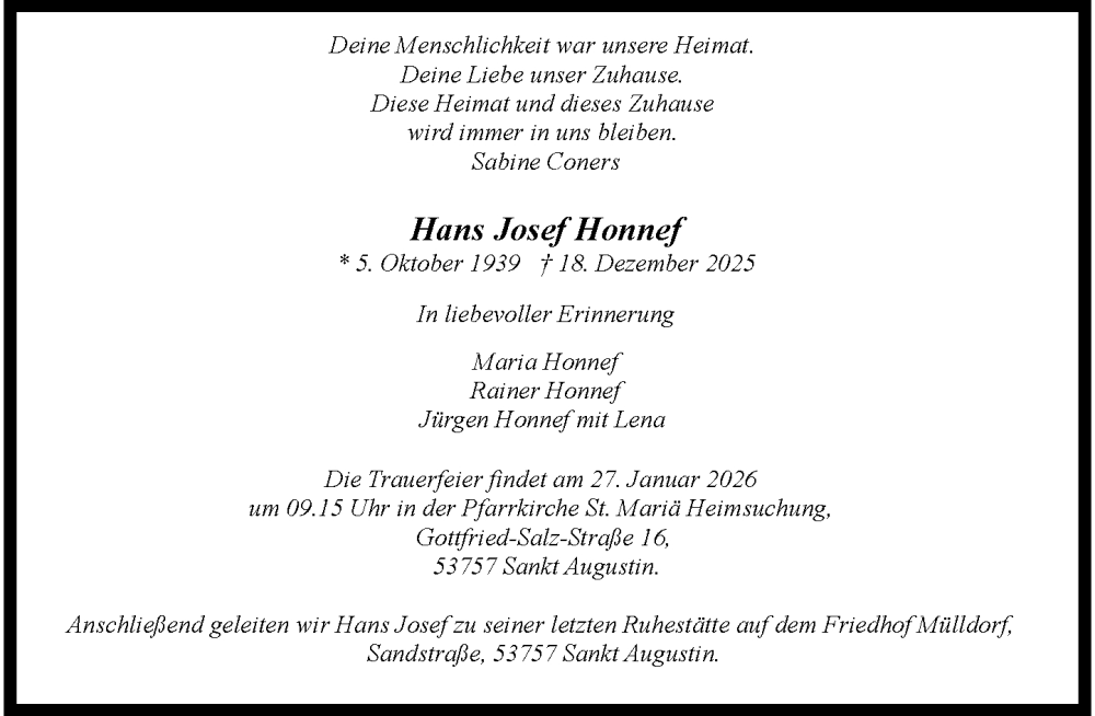  Traueranzeige für Hans Josef Honnef vom 17.01.2026 aus General-Anzeiger Bonn
