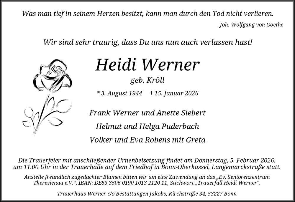  Traueranzeige für Heidi Werner vom 24.01.2026 aus General-Anzeiger Bonn