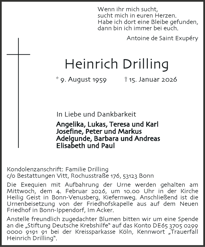  Traueranzeige für Heinrich Drilling vom 31.01.2026 aus General-Anzeiger Bonn