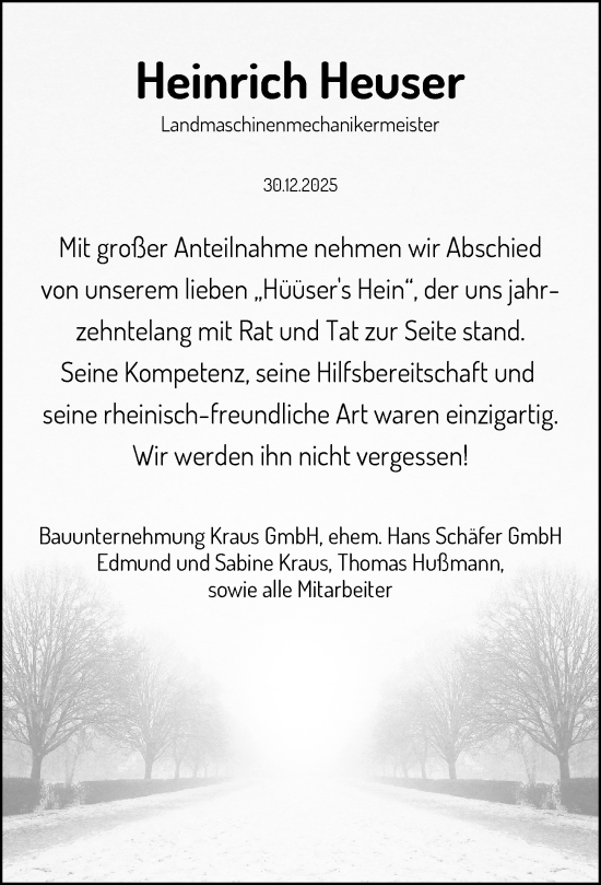 Anzeige von Heinrich Heuser von General-Anzeiger Bonn