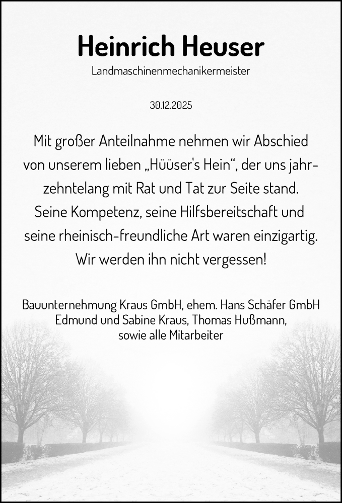  Traueranzeige für Heinrich Heuser vom 10.01.2026 aus General-Anzeiger Bonn