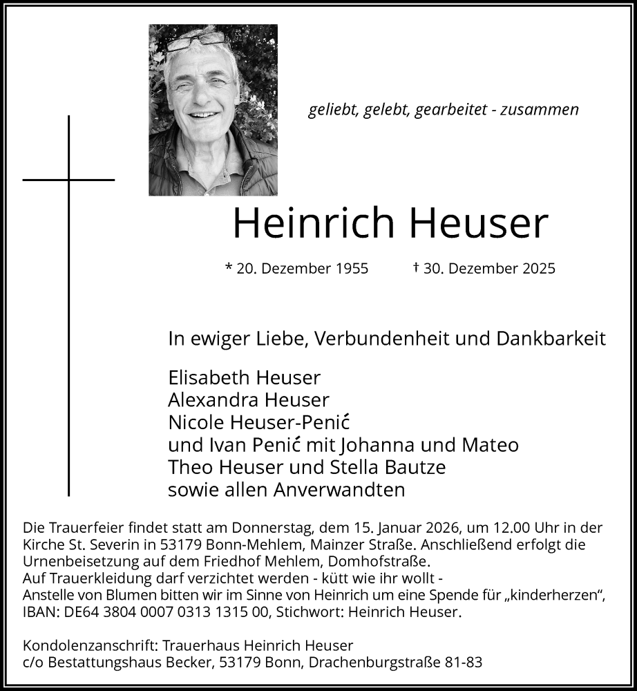  Traueranzeige für Heinrich Heuser vom 10.01.2026 aus General-Anzeiger Bonn