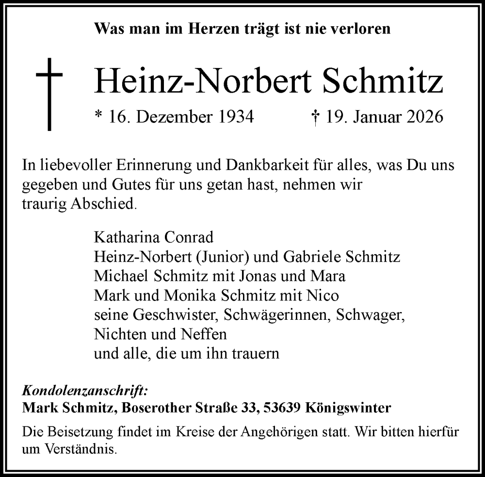  Traueranzeige für Heinz-Norbert Schmitz vom 31.01.2026 aus General-Anzeiger Bonn