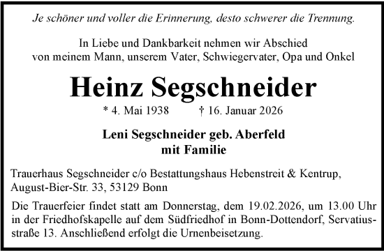 Anzeige von Heinz Segschneider von General-Anzeiger Bonn