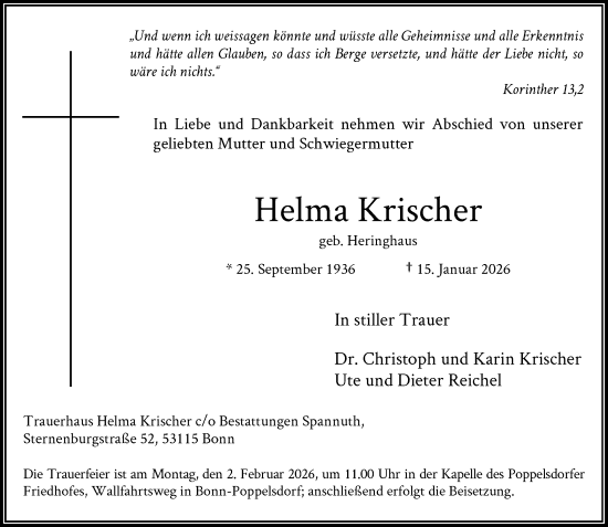 Anzeige von Helma Krischer von General-Anzeiger Bonn