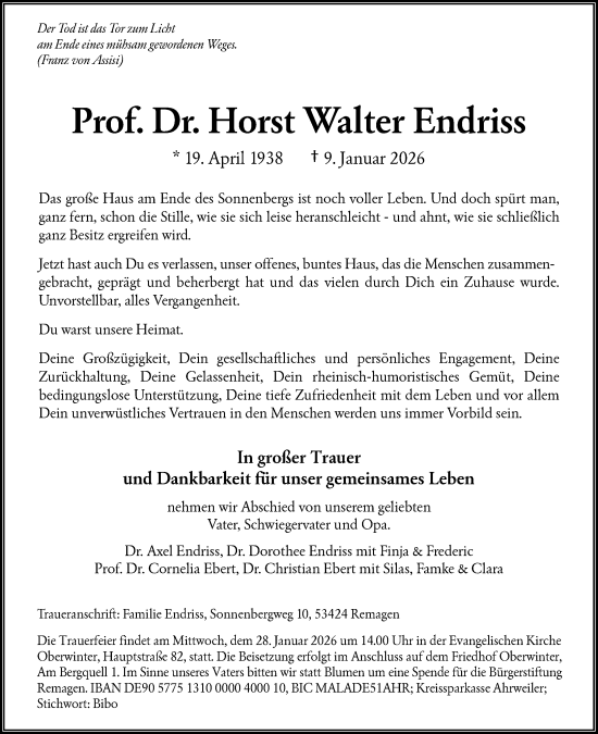 Anzeige von Horst Walter Endriss von General-Anzeiger Bonn