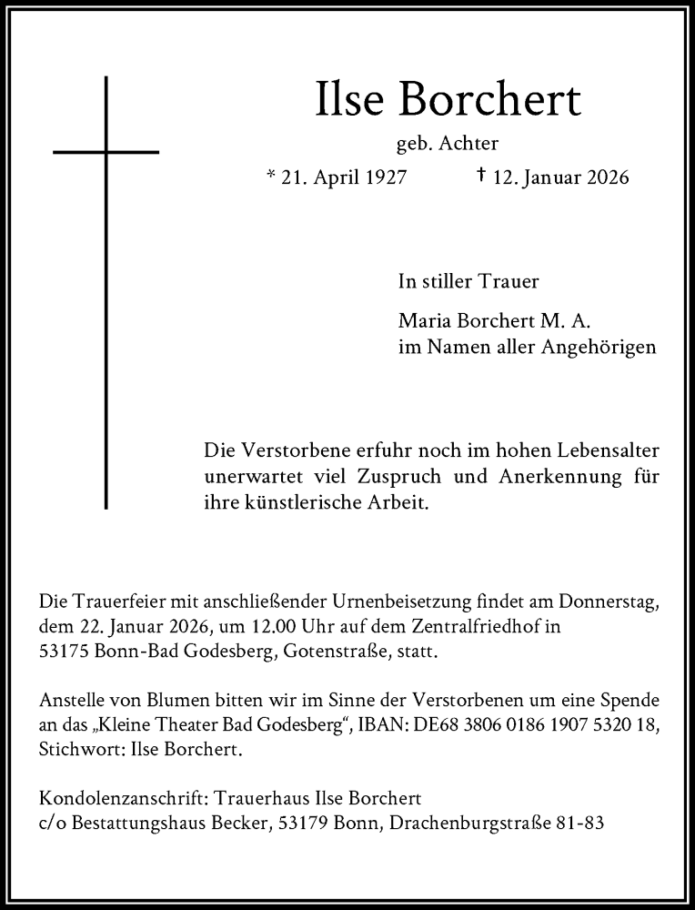  Traueranzeige für Ilse Borchert vom 17.01.2026 aus General-Anzeiger Bonn