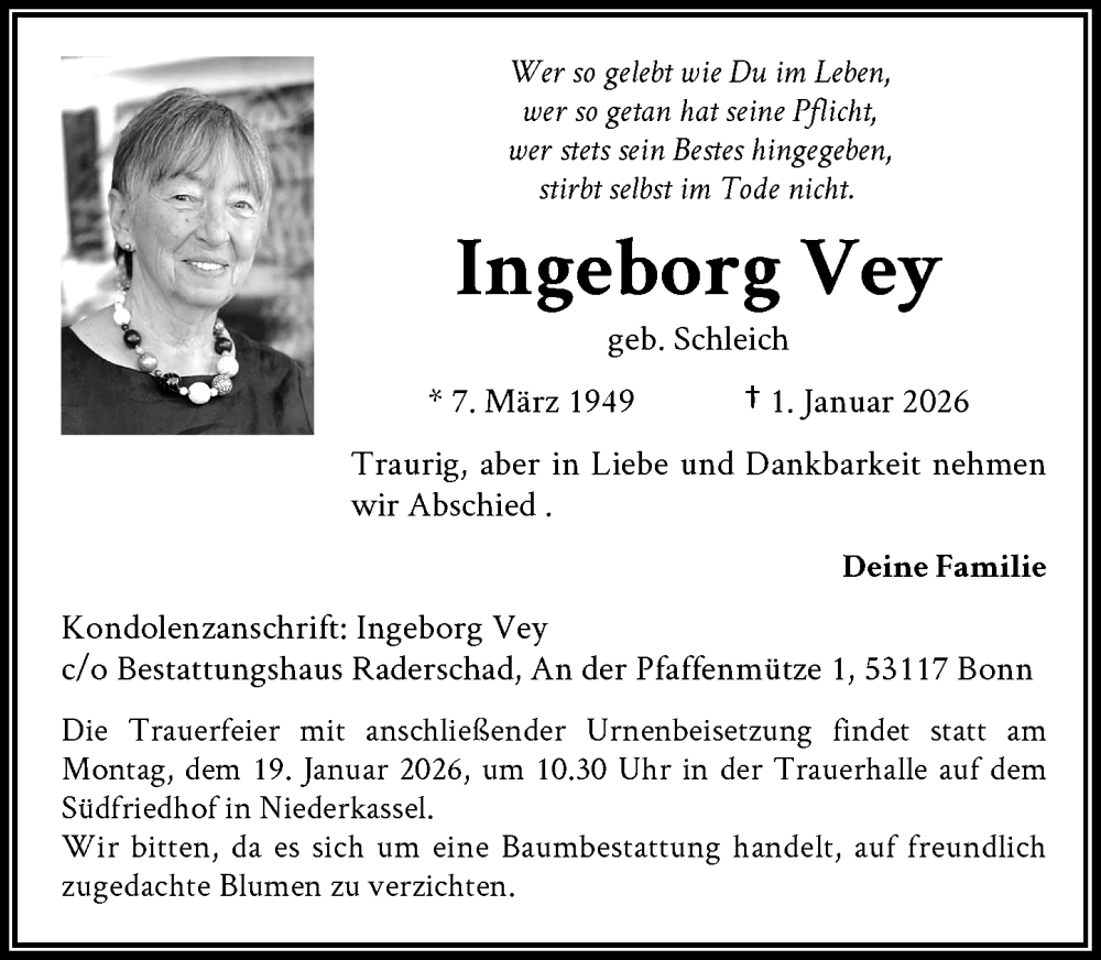  Traueranzeige für Ingeborg Vey vom 10.01.2026 aus General-Anzeiger Bonn