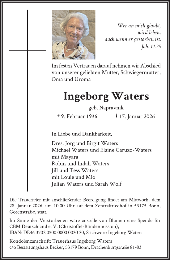 Anzeige von Ingeborg Waters von General-Anzeiger Bonn