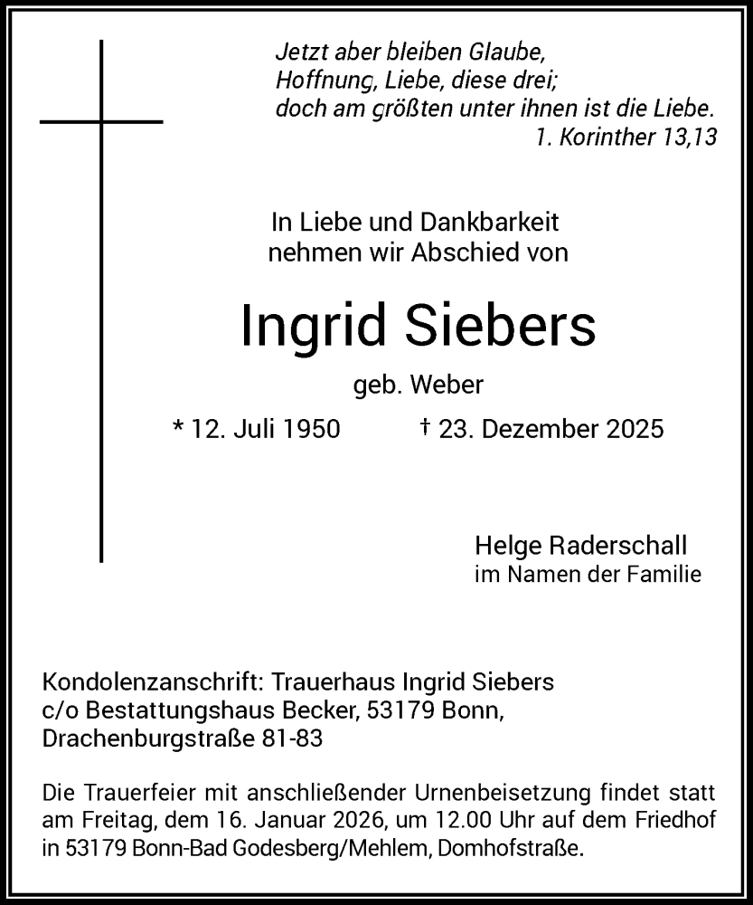  Traueranzeige für Ingrid Siebers vom 03.01.2026 aus General-Anzeiger Bonn