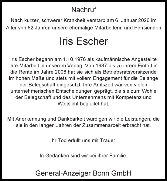 Anzeige von Iris Escher von General-Anzeiger Bonn