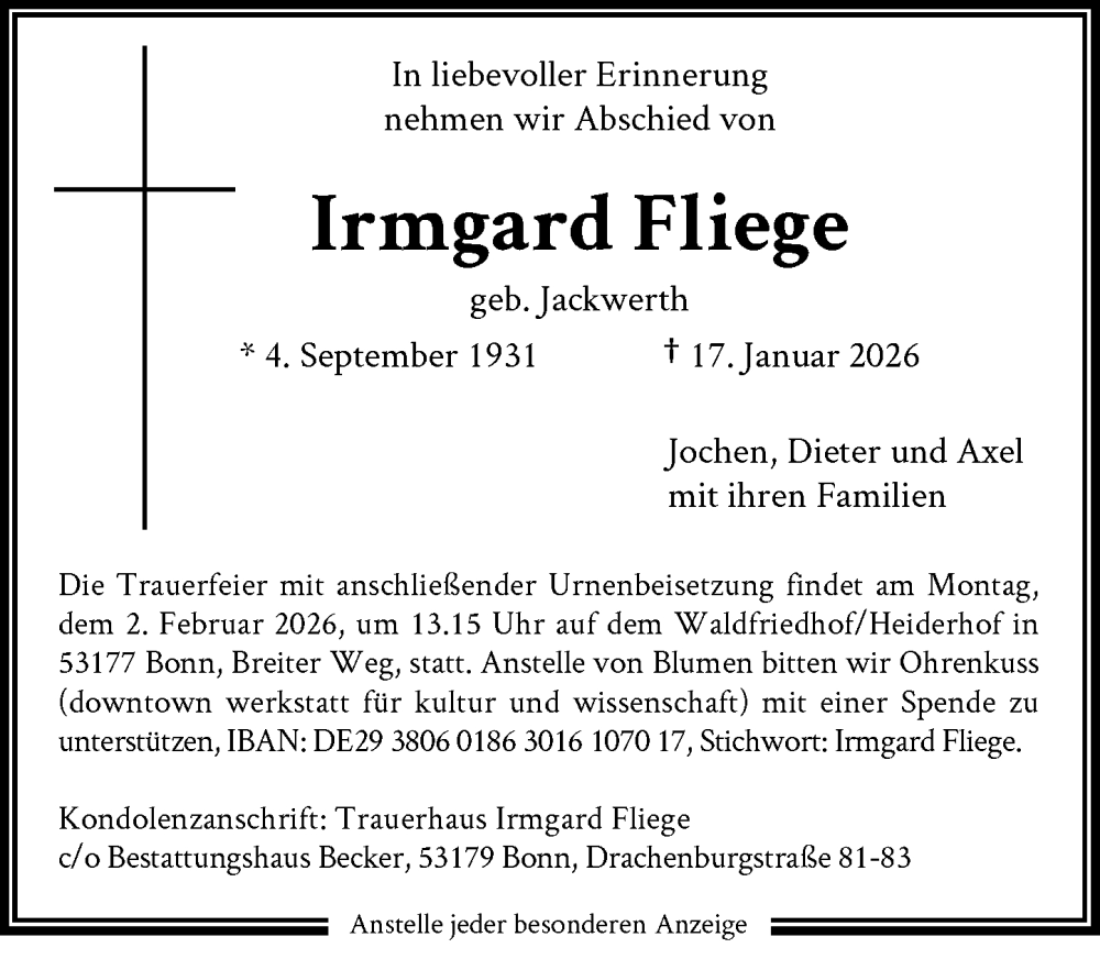  Traueranzeige für Irmgard Fliege vom 24.01.2026 aus General-Anzeiger Bonn