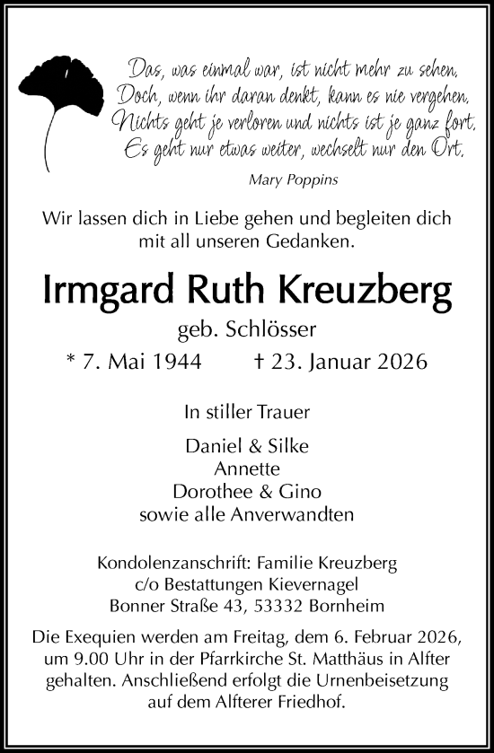 Anzeige von Irmgard Ruth Kreuzberg von General-Anzeiger Bonn