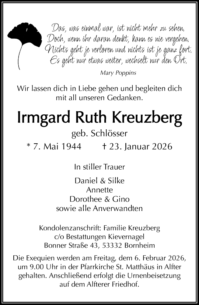  Traueranzeige für Irmgard Ruth Kreuzberg vom 31.01.2026 aus General-Anzeiger Bonn