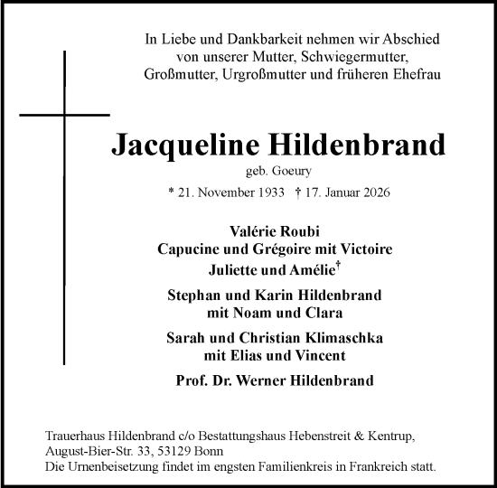 Anzeige von Jacqueline Hildenbrand von General-Anzeiger Bonn
