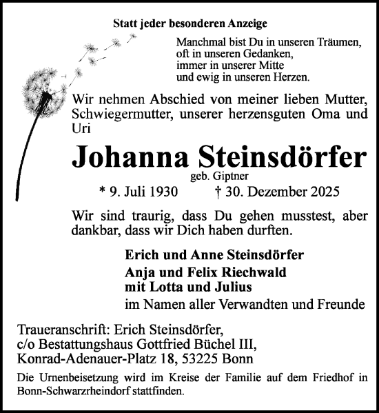 Anzeige von Johanna Steinsdörfer von General-Anzeiger Bonn