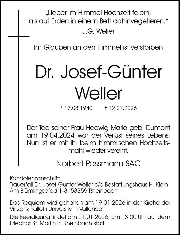 Traueranzeige für Josef-Günter Weller vom 17.01.2026 aus General-Anzeiger Bonn