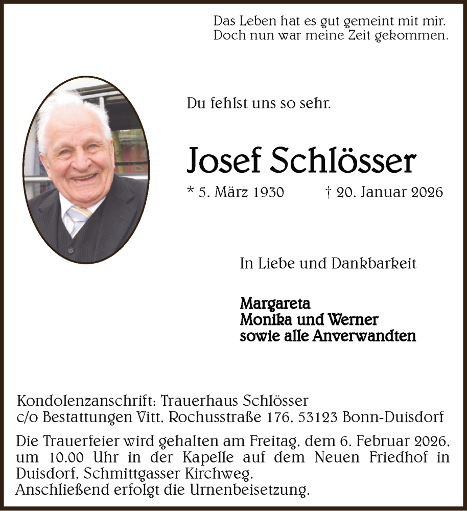  Traueranzeige für Josef Schlösser vom 31.01.2026 aus General-Anzeiger Bonn