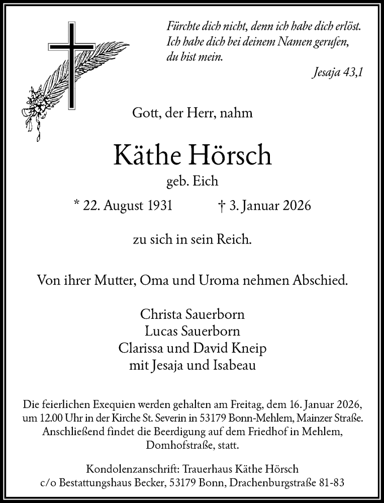  Traueranzeige für Käthe Hörsch vom 10.01.2026 aus General-Anzeiger Bonn