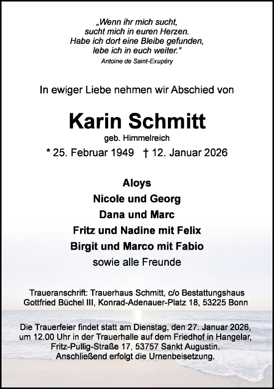 Anzeige von Karin Schmitt von General-Anzeiger Bonn